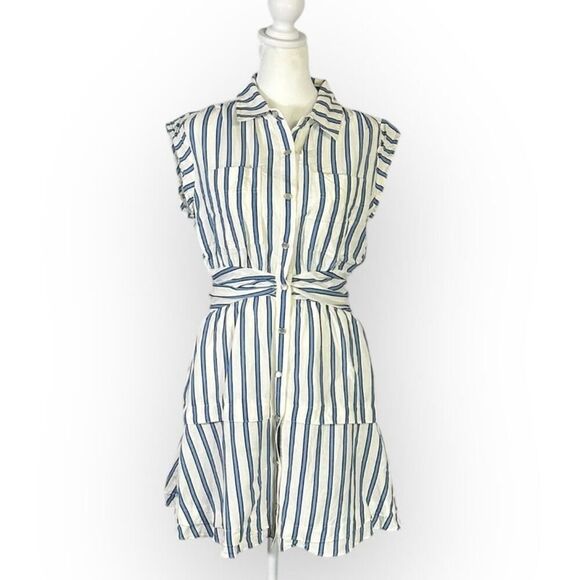 Derek Lam 10 Crosby Shirt Dress Women's 6‎ White Blue  Striped Tie Waist Mini - Picture 3 of 15